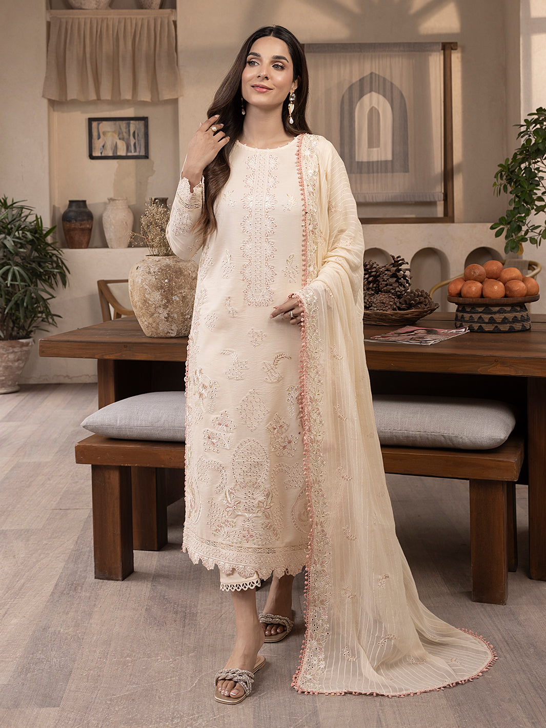 Stylish eastern kurta crafted from branded lawn with embroidered patches for chic summer fashion