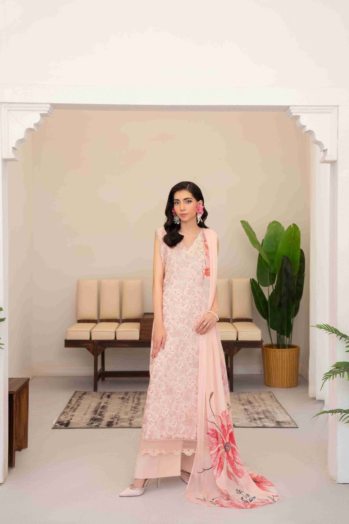 Premium embroidered lawn shirt designed with kurta style and chiffon dupatta for eastern dresses