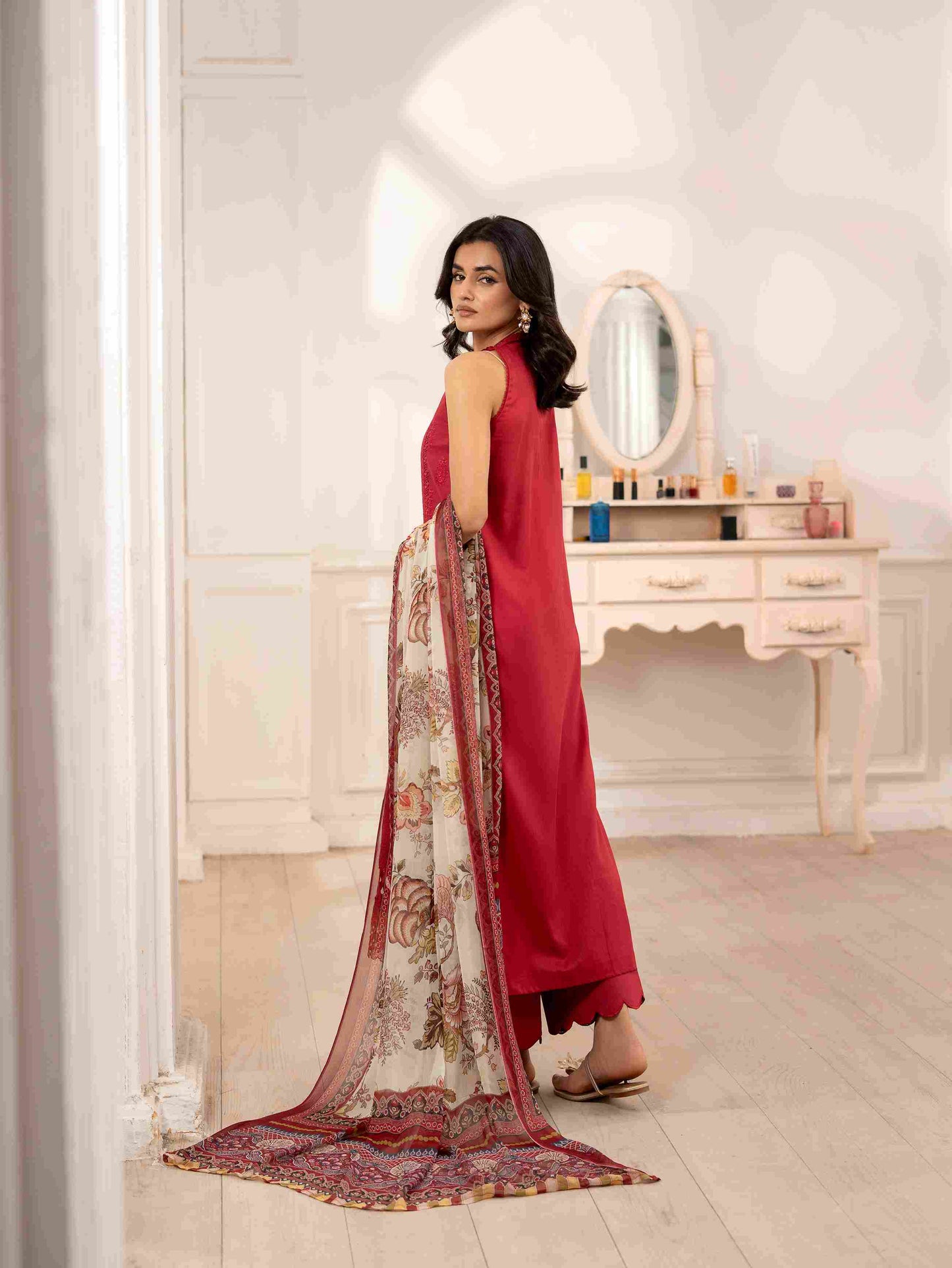 Three piece embroidered lawn suit with chiffon dupatta for women