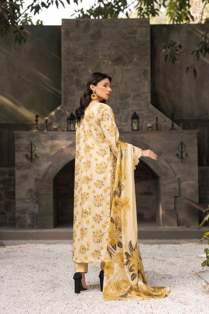 Yellow Unstitched 3PC lawn suit with floral printed dupatta