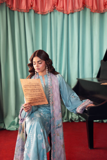Unstitched 3PC silk suit for women featuring premium raw silk shirt and trousers with a soft chiffon dupatta, offering versatile styling for Eid, weddings, parties, and formal gatherings