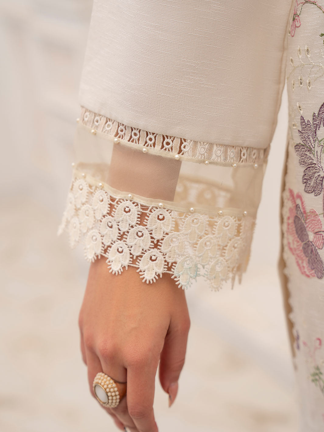 Unstitched embroidered lawn shirt, chiffon dupatta, and karandi trouser fabric