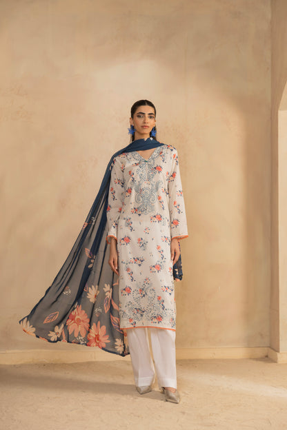 Self-check lawn shirt with digitally printed embroidery, chiffon dupatta, and plain cotton trouser for eastern wear