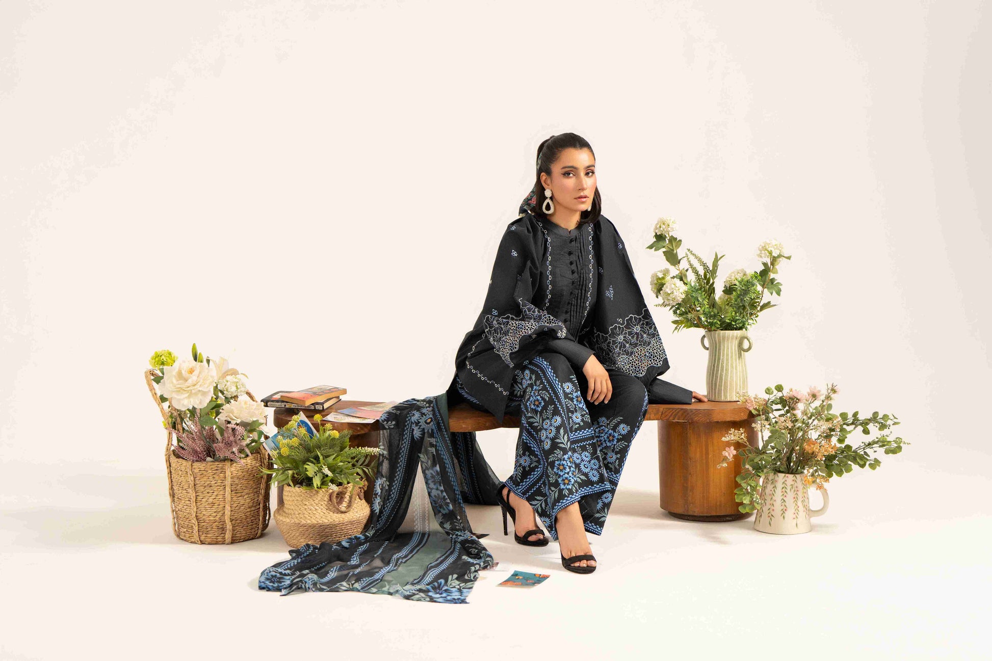 Unstitched embroidered lawn shirt matched with chiffon digital dupatta and cotton trouser.