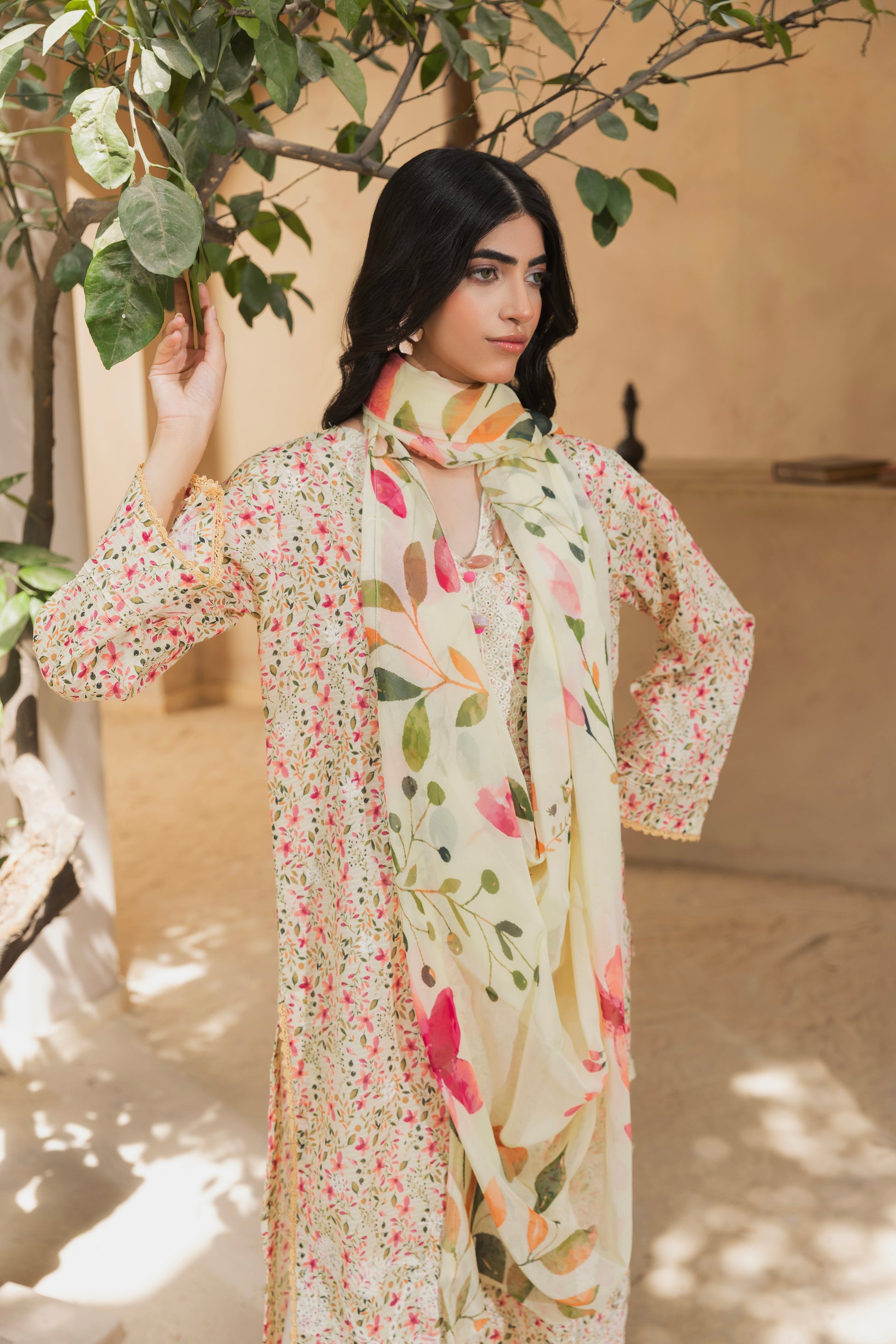 Self-check embroidered lawn shirt, chiffon dupatta, and cotton trouser