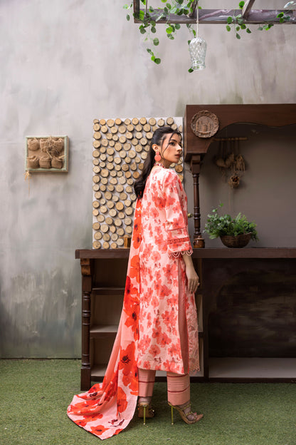 Unstitched Pink 3PC floral lawn dress with plain trouser