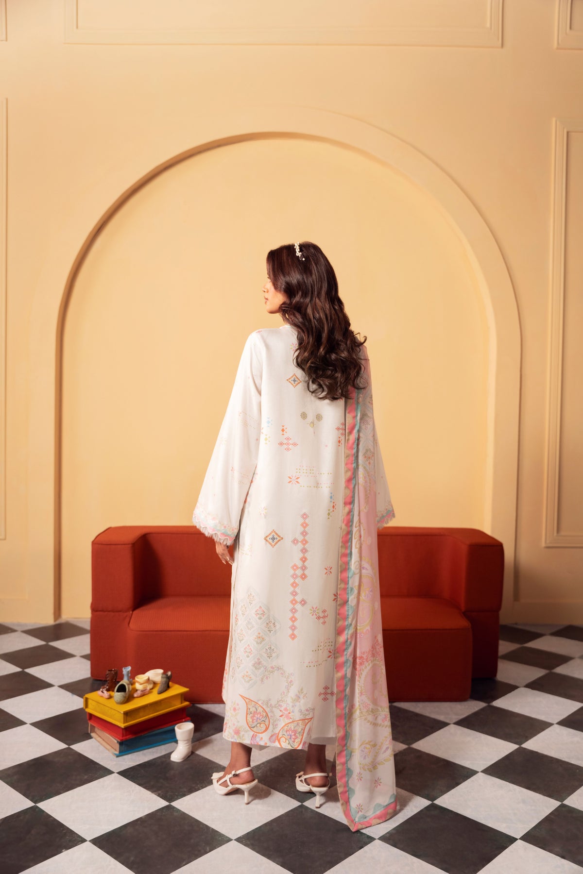 Unstitched silk outfit for women featuring premium raw silk fabric for the shirt and trousers with a flowing chiffon dupatta, designed for creating personalized Pakistani Eastern looks for special occasions