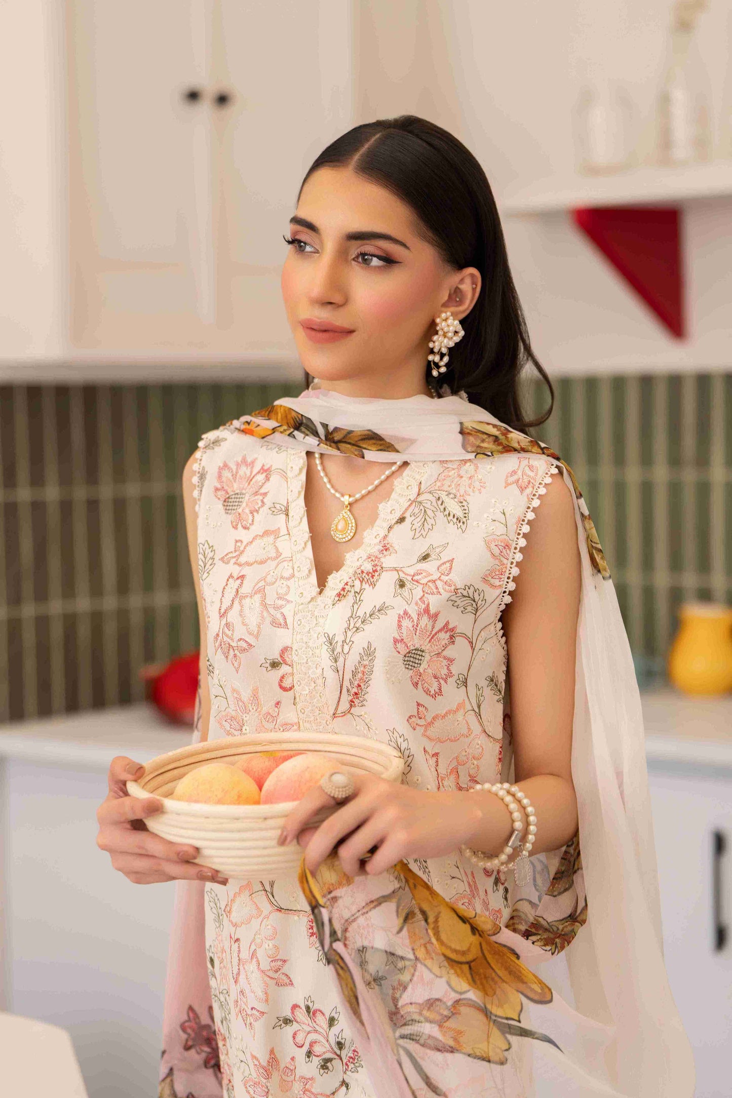 Premium embroidered lawn shirt fabric with chiffon dupatta and plain cotton trouser