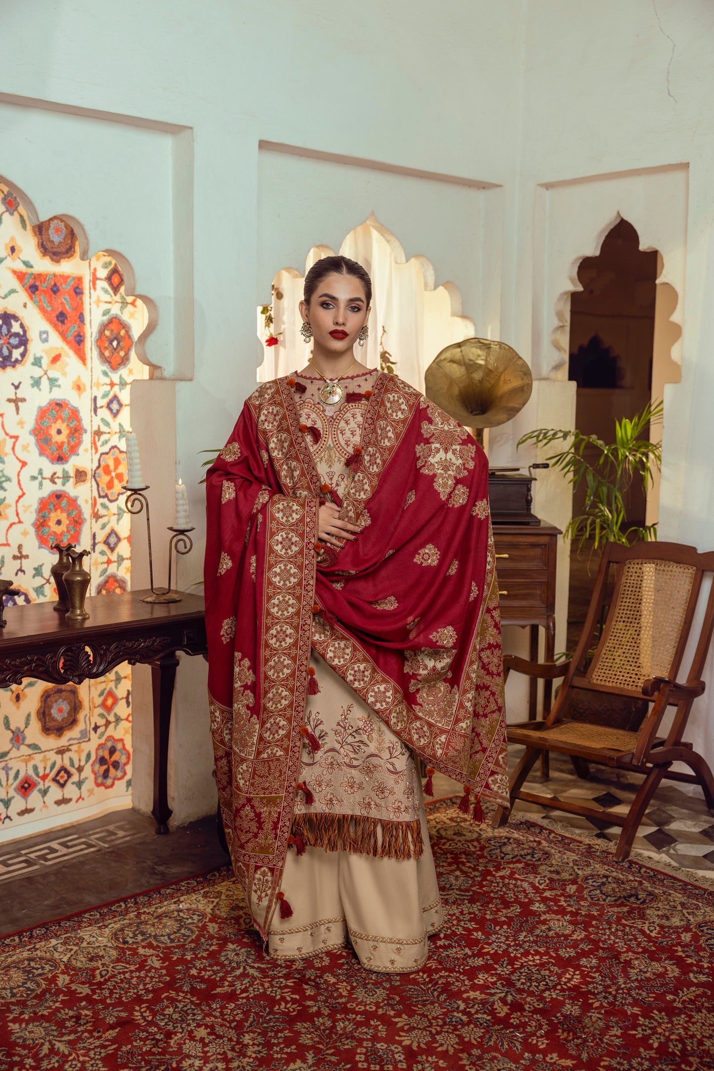 Smooth Marina wool outfit enriched with embroidered frontwork, organza accents, and an artisan-crafted Kashmiri shawl.