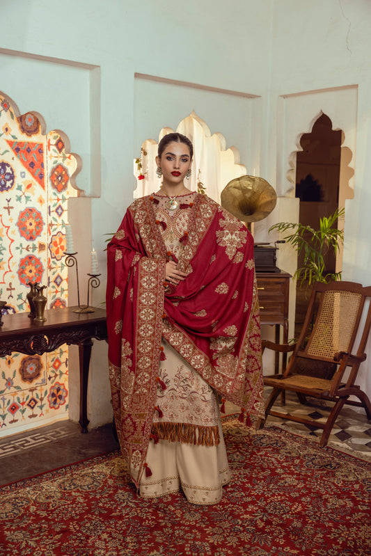 Smooth Marina wool outfit enriched with embroidered frontwork, organza accents, and an artisan-crafted Kashmiri shawl.