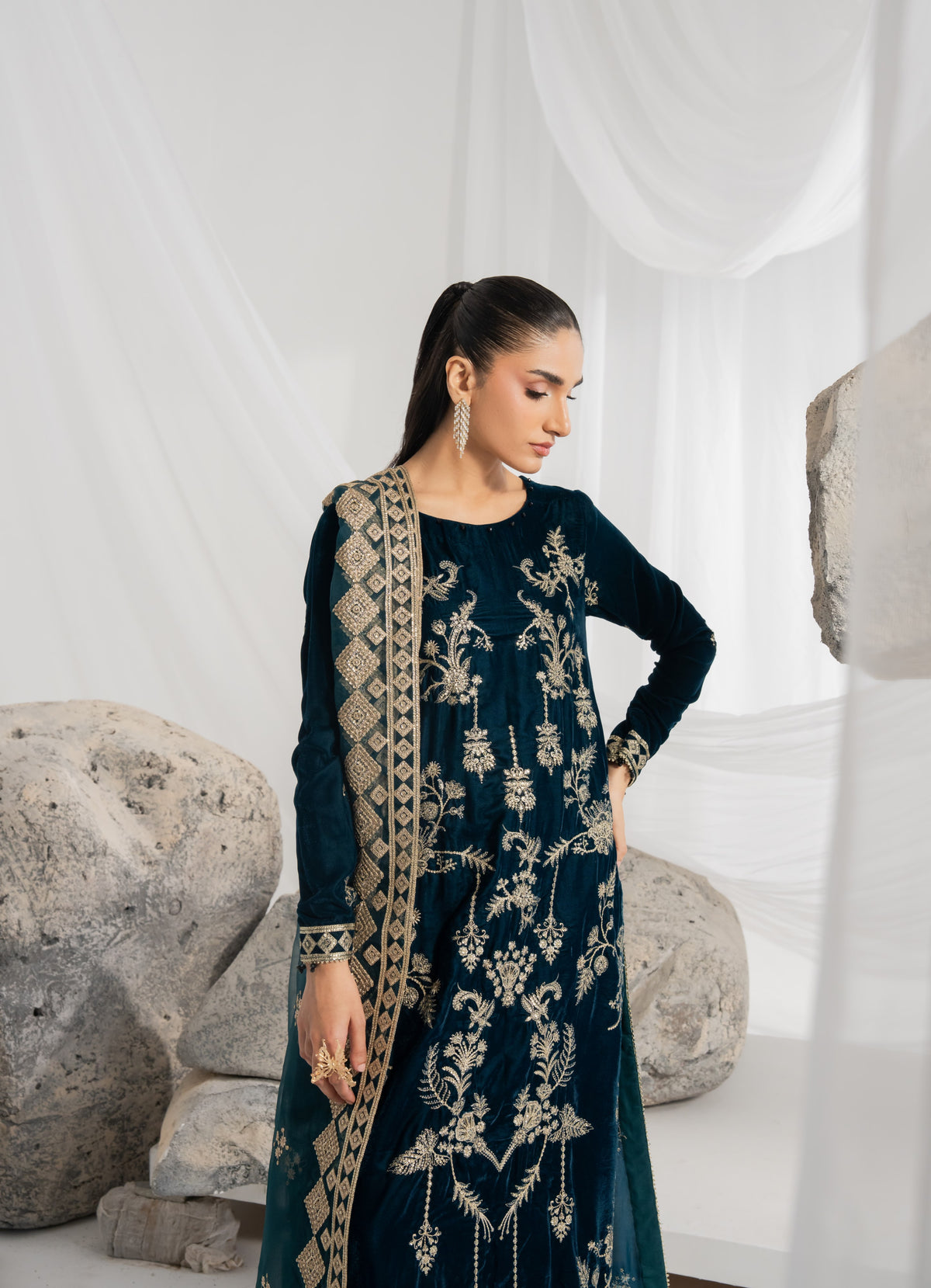 Velvet long kurta design for girls featuring embroidered front and back panels, detailed velvet sleeves and matching borders, paired with a flowing embroidered organza dupatta and plain raw silk trousers
