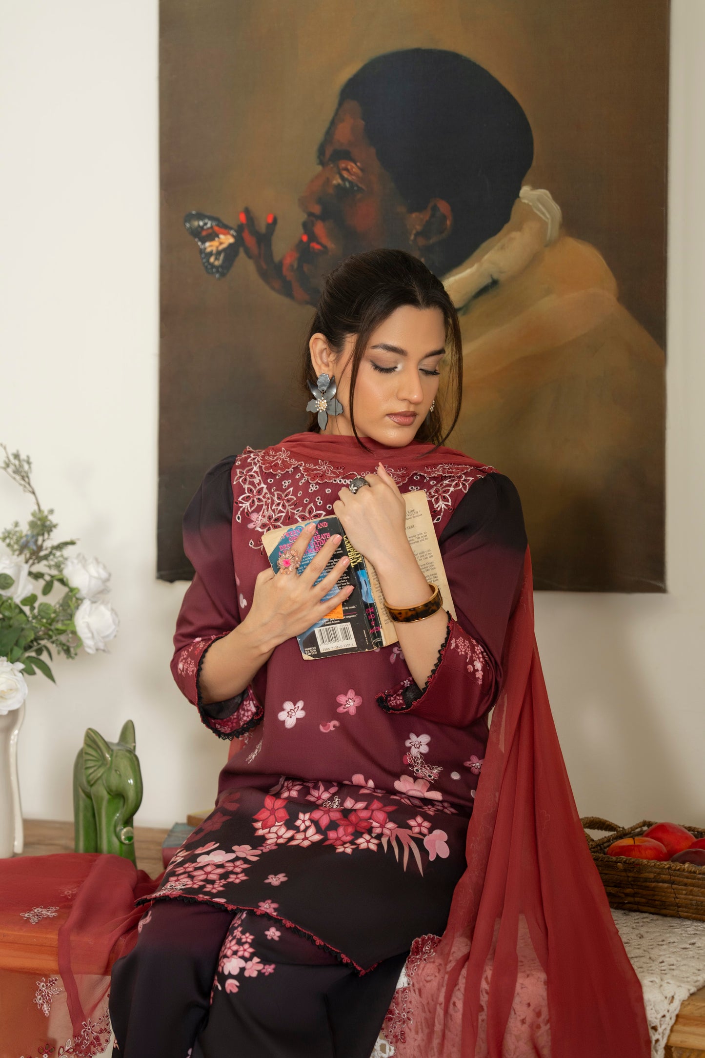 Soft viscose embroidered shirt paired with chiffon organza patch dupatta