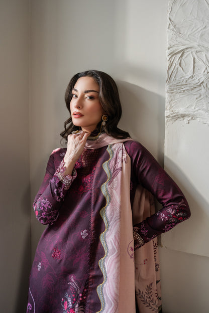 Cozy winter khaddar suit with clean organza embroidery and bright printed dupatta.