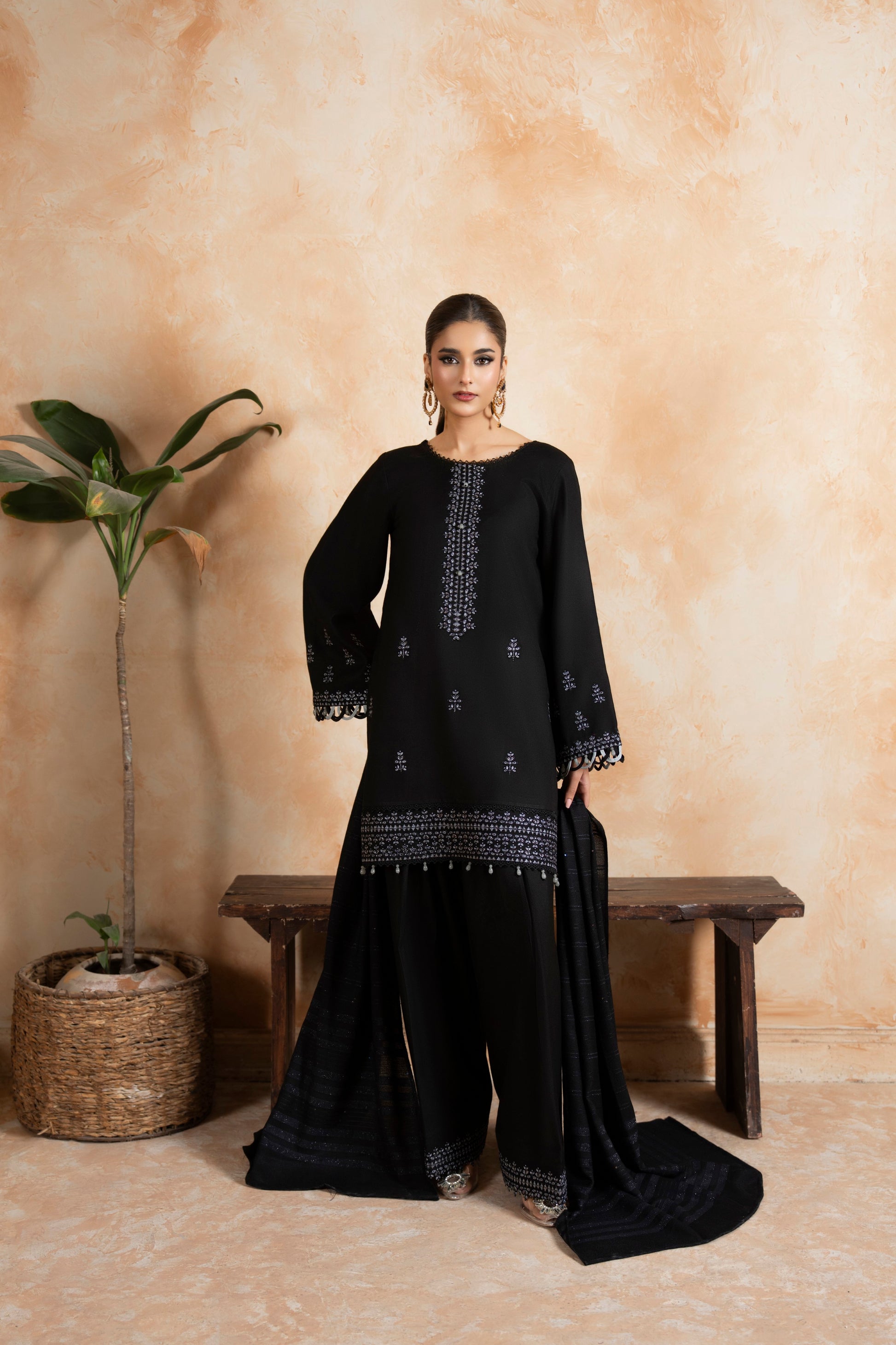 Warm 3-Piece Dhanak woolen suit for women featuring an embroidered shirt, fancy woolen shawl, and plain woolen trouser.