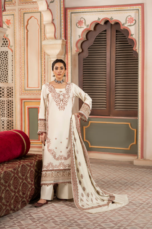 Intricately embroidered winter Dhanak shirt with wool shawl and plain trouser for seasonal comfort.