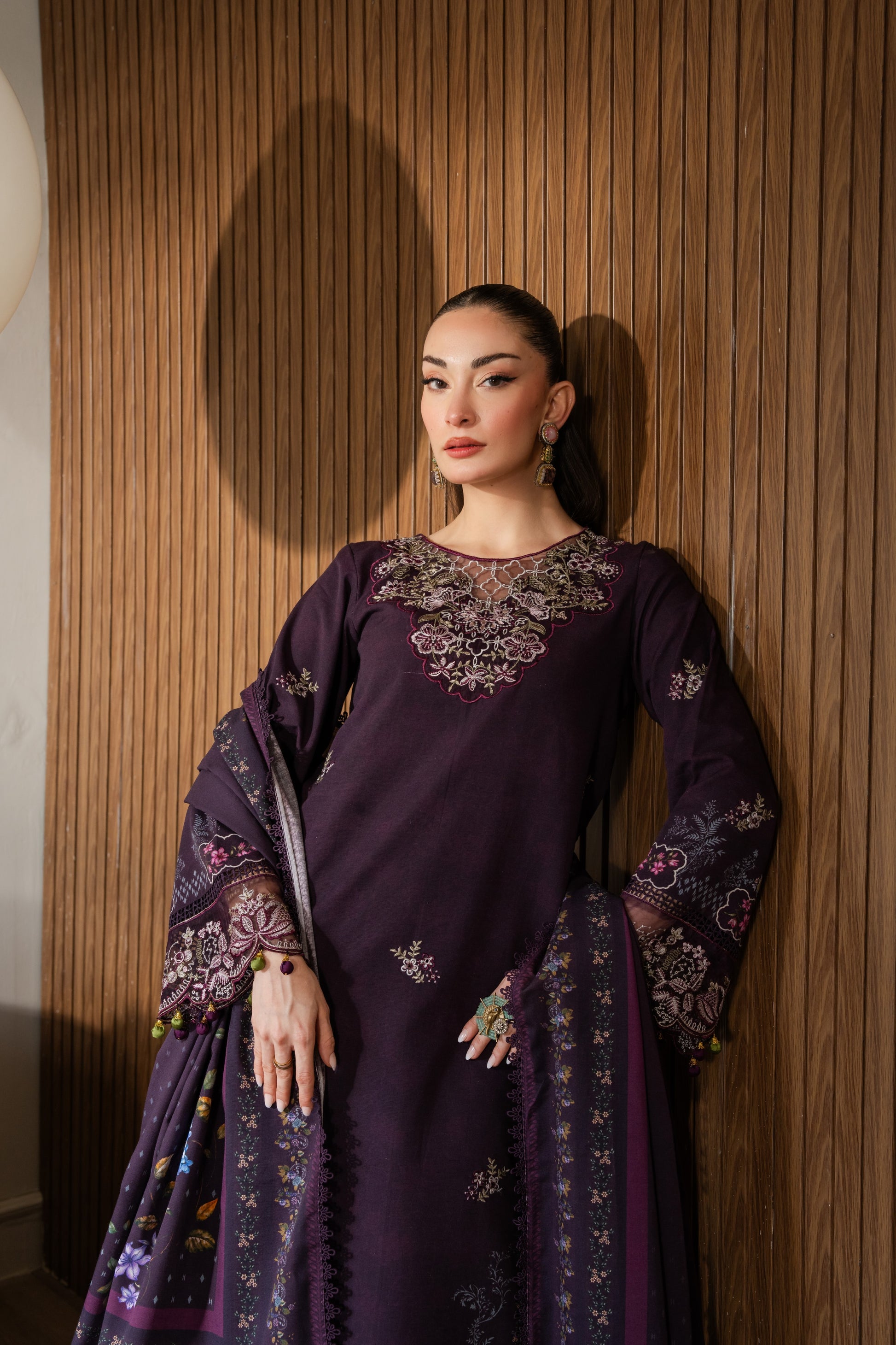 Eastern winter khaddar dress with rich organza borders and printed dupatta.