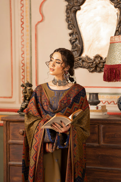 Winter festive embroidered Dhanak outfit with patterned wool shawl.