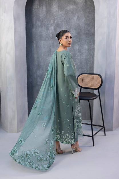 Cozy embroidered Karandi winter suit with chiffon dupatta and plain trouser
