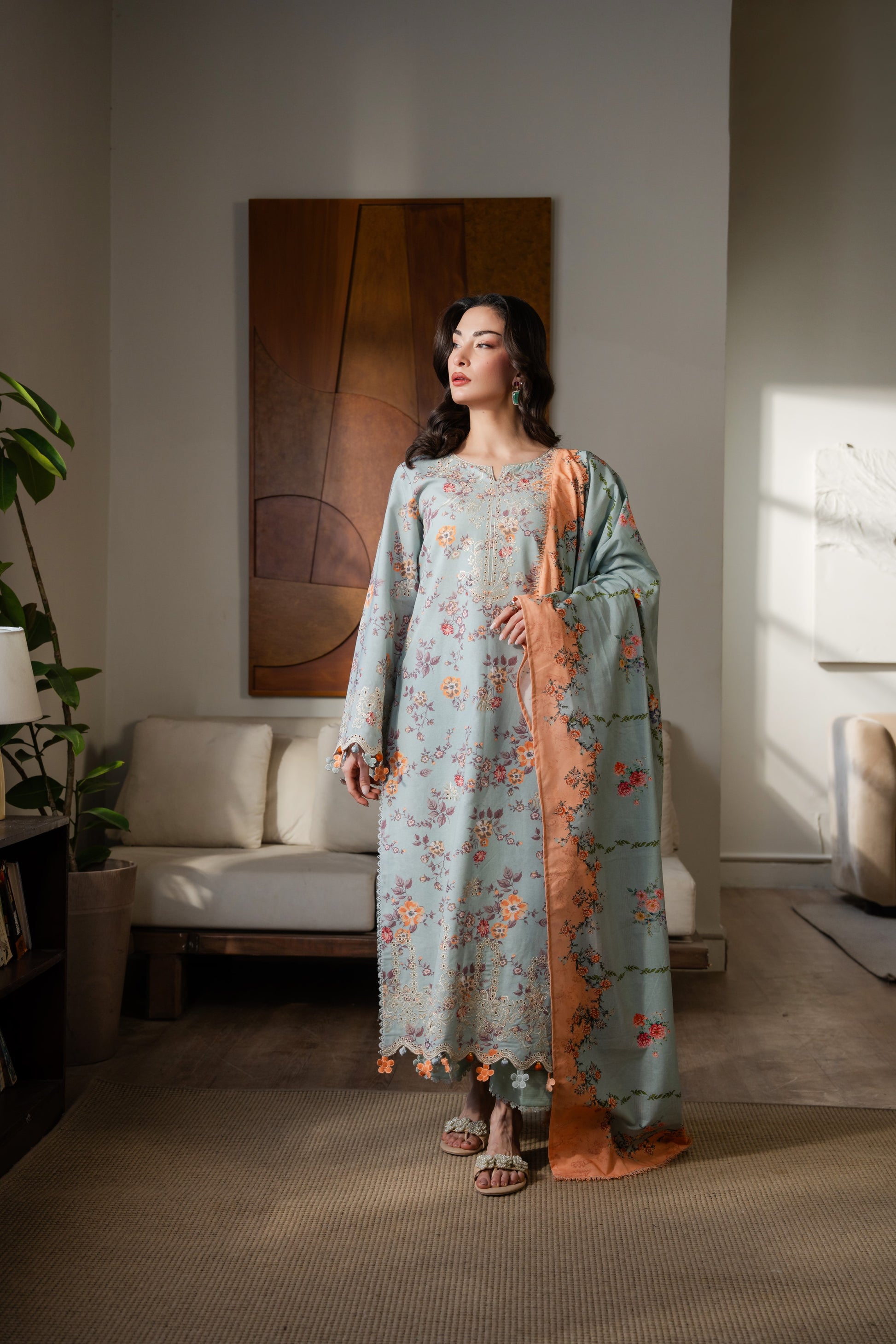 Soft khaddar winter outfit with embroidered organza sleeves and bright printed dupatta.