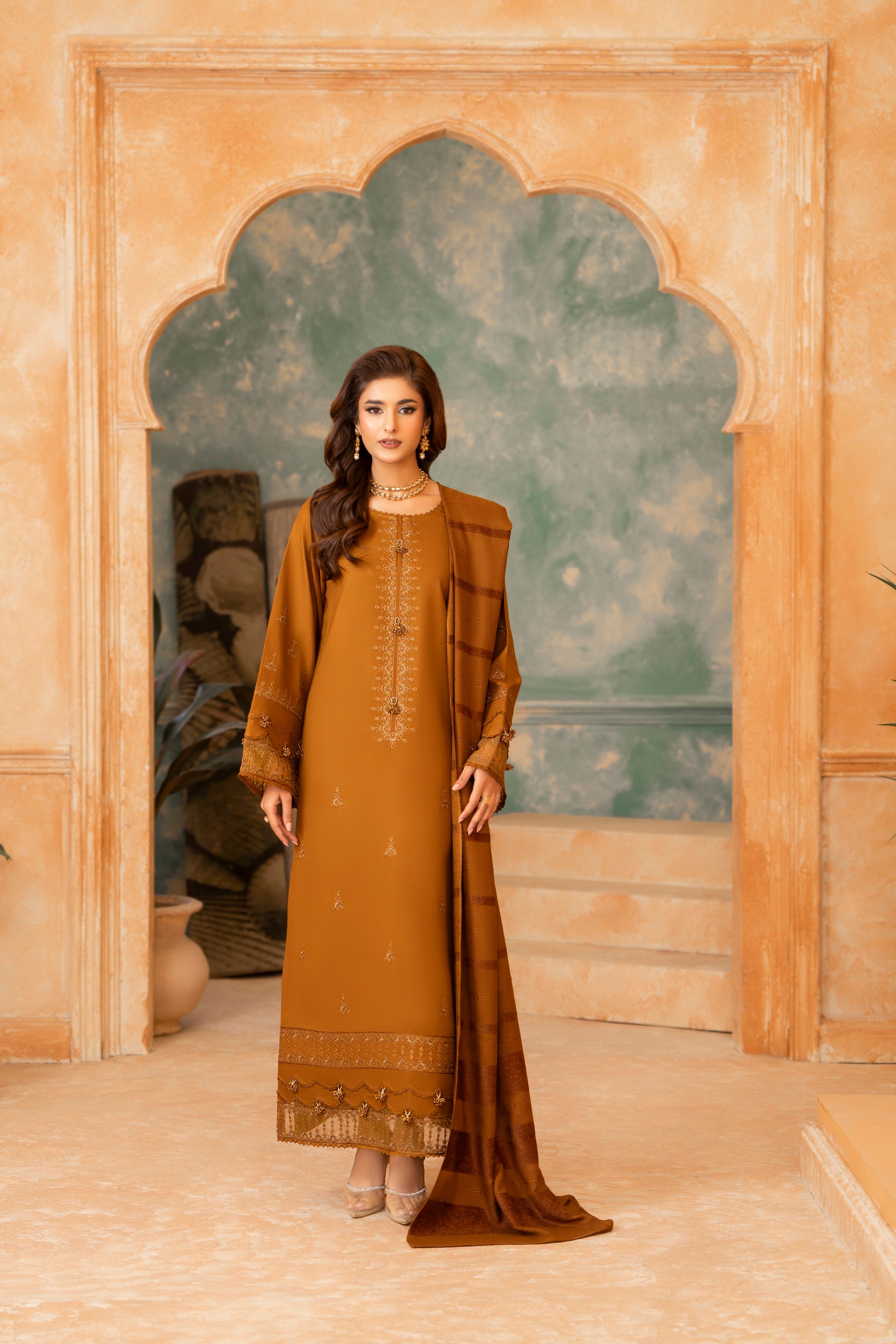 Warmest Embroidered Dhanak Suit; 3-PC woolen dress, ensuring warmth while maintaining a graceful and classy aesthetic