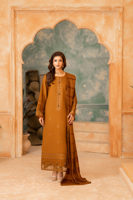 Warmest Embroidered Dhanak Suit; 3-PC woolen dress, ensuring warmth while maintaining a graceful and classy aesthetic