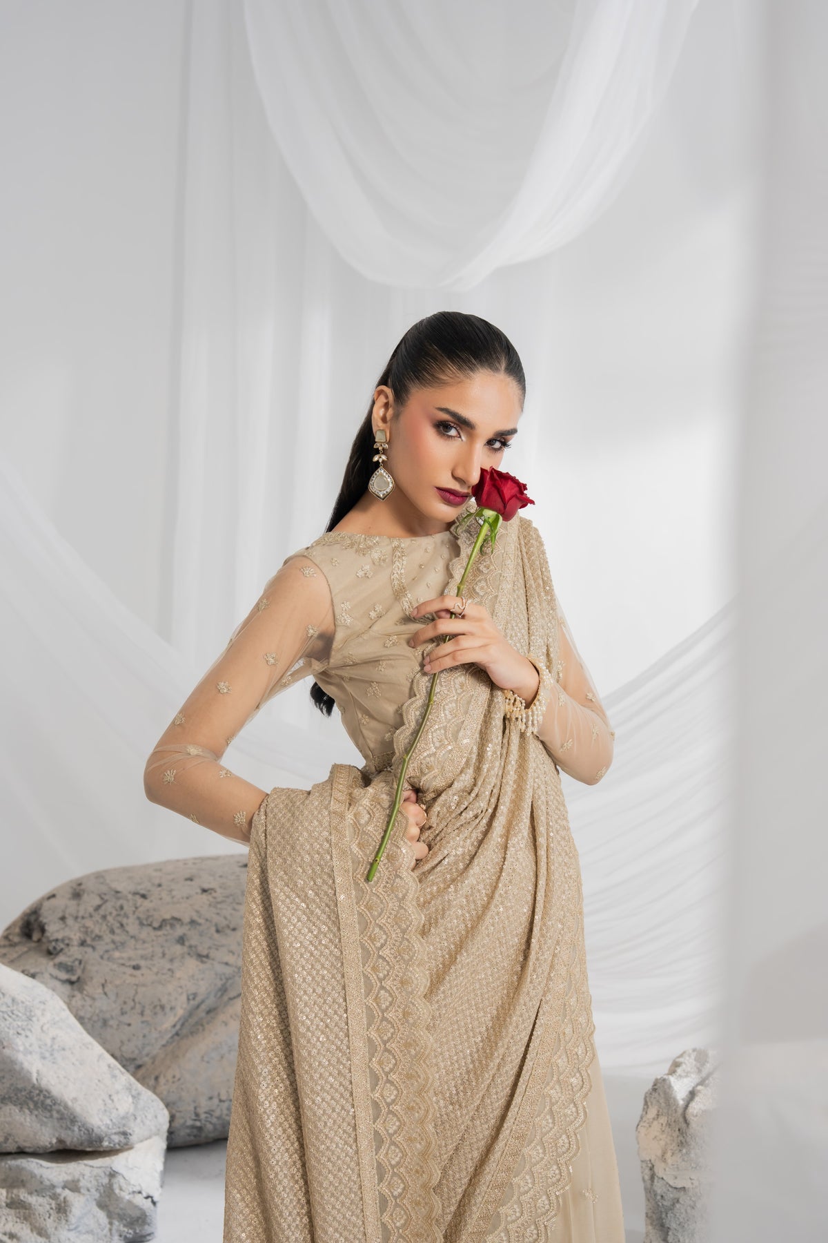 Wedding dress for girls in Pakistan featuring a detailed embroidered net shirt with front, back, and sleeve embroidery, an embroidered chiffon dupatta with sari fall and borders, organza pallu, and plain raw silk inner