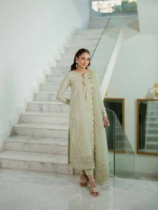 Embroidered shirt with motifs, organza patch, trouser, and soft cotton dupatta