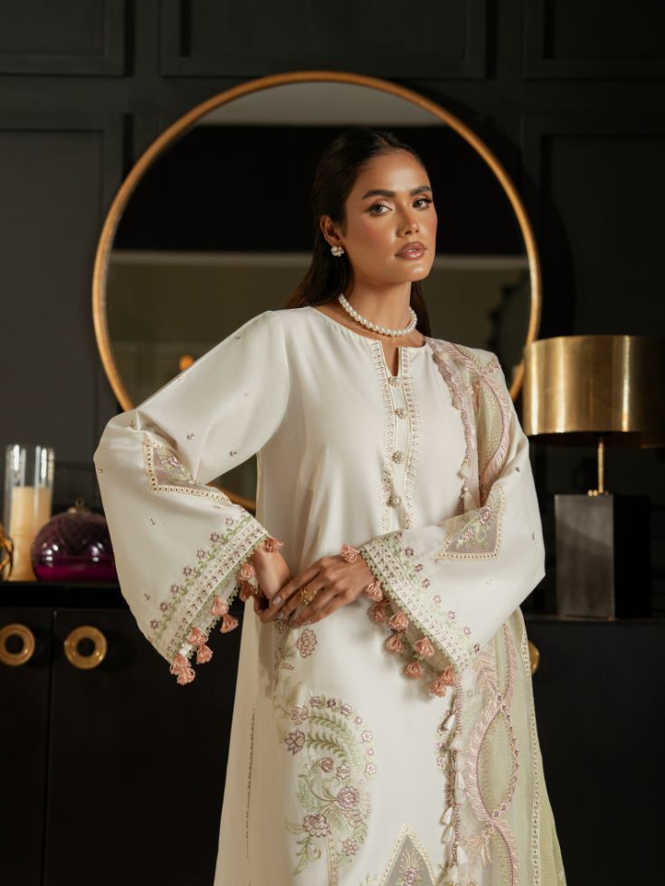 white stitched lawn outfit with plain trouser, embroidered shirt, and dupatta

