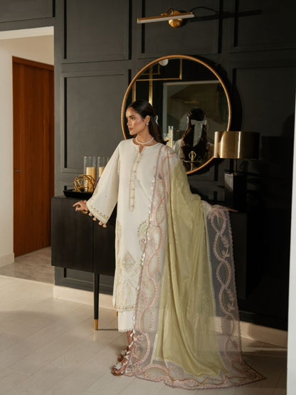 Elegant white kurta style embroidered lawn shirt and cotton dupatta