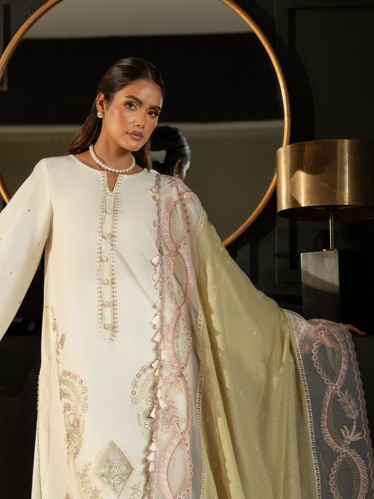 Stitched embroidered suit featuring organza patches cotton dupatta