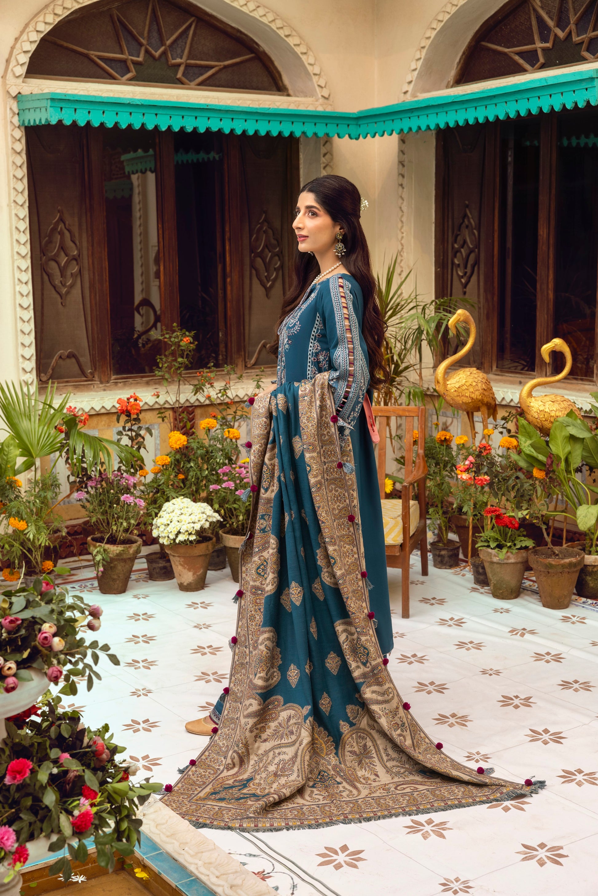 Marina wool suit featuring fine needlework, a textured organza neckline, and a traditional Kashmiri woven shawl.