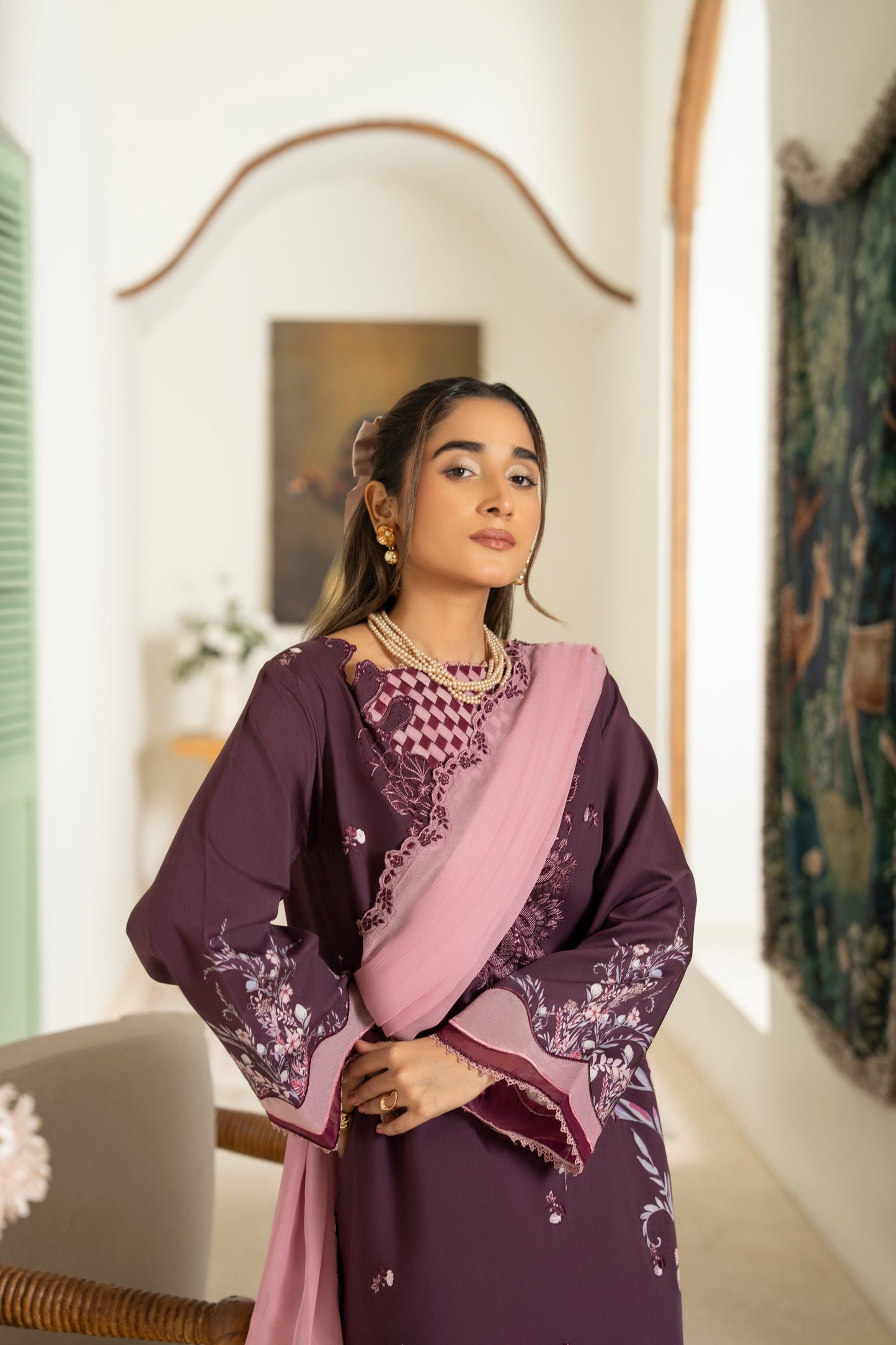 Comfortable embroidered viscose shirt paired with light printed trouser and chiffon dupatta