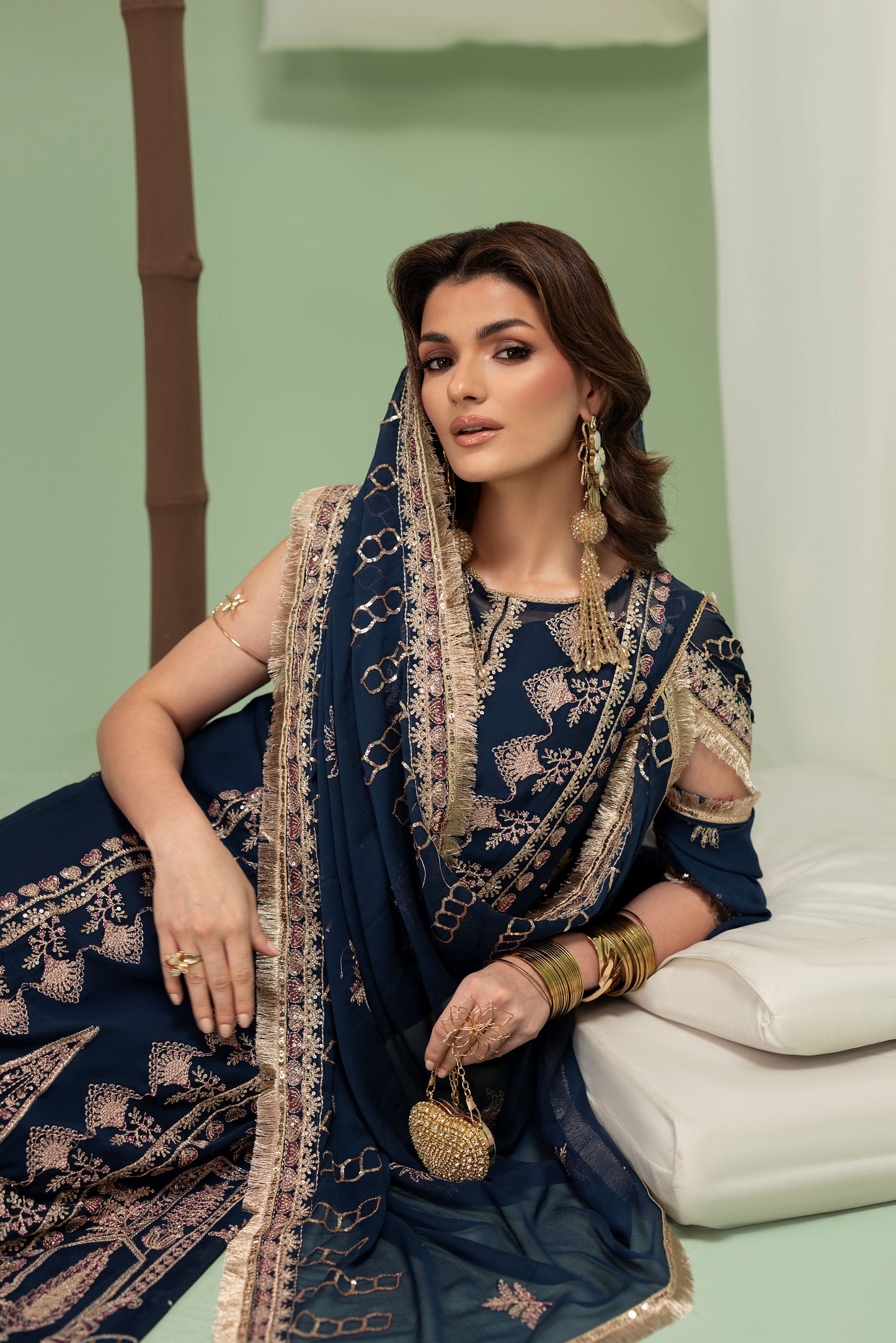 Chiffon embroidered 3PC dress with plain silk trousers