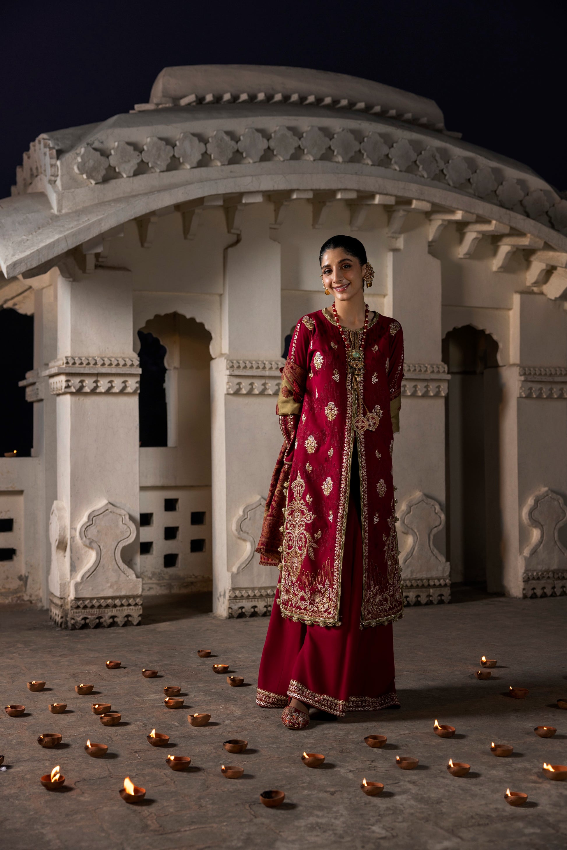 A cozy Marina dress with clean embroidery and a Kashmiri shawl.