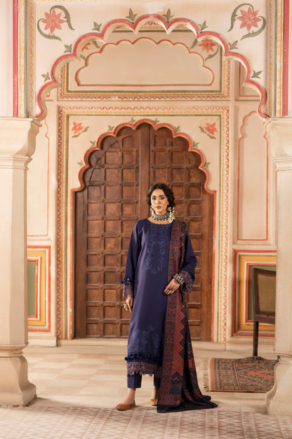 Unstitched 3PC women’s winter suit with embroidered Dhanak shirt, jacquard wool shawl, and classic plain trouser