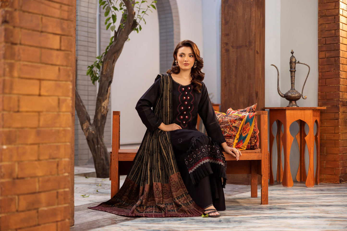 Soft embroidered Dhanak outfit paired with Jacquard wool wrap