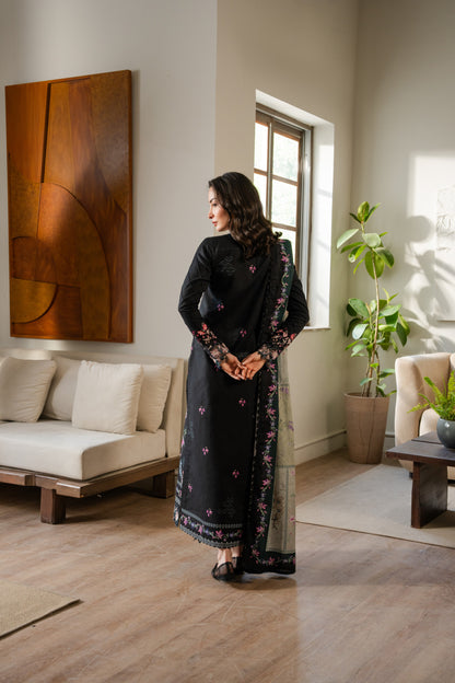 Eastern winter outfit with khaddar fabric, organza detailing, and a fresh printed dupatta.