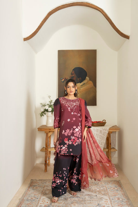 Trendy winter outfit featuring embroidered viscose shirt, printed trouser, and chiffon dupatta