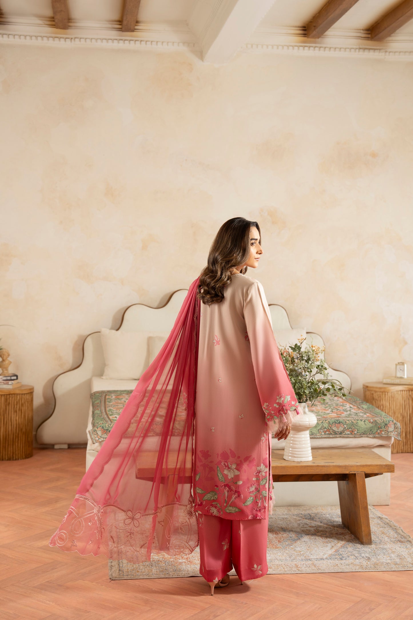 Stylish embroidered viscose shirt with chiffon organza dupatta for winter wear
