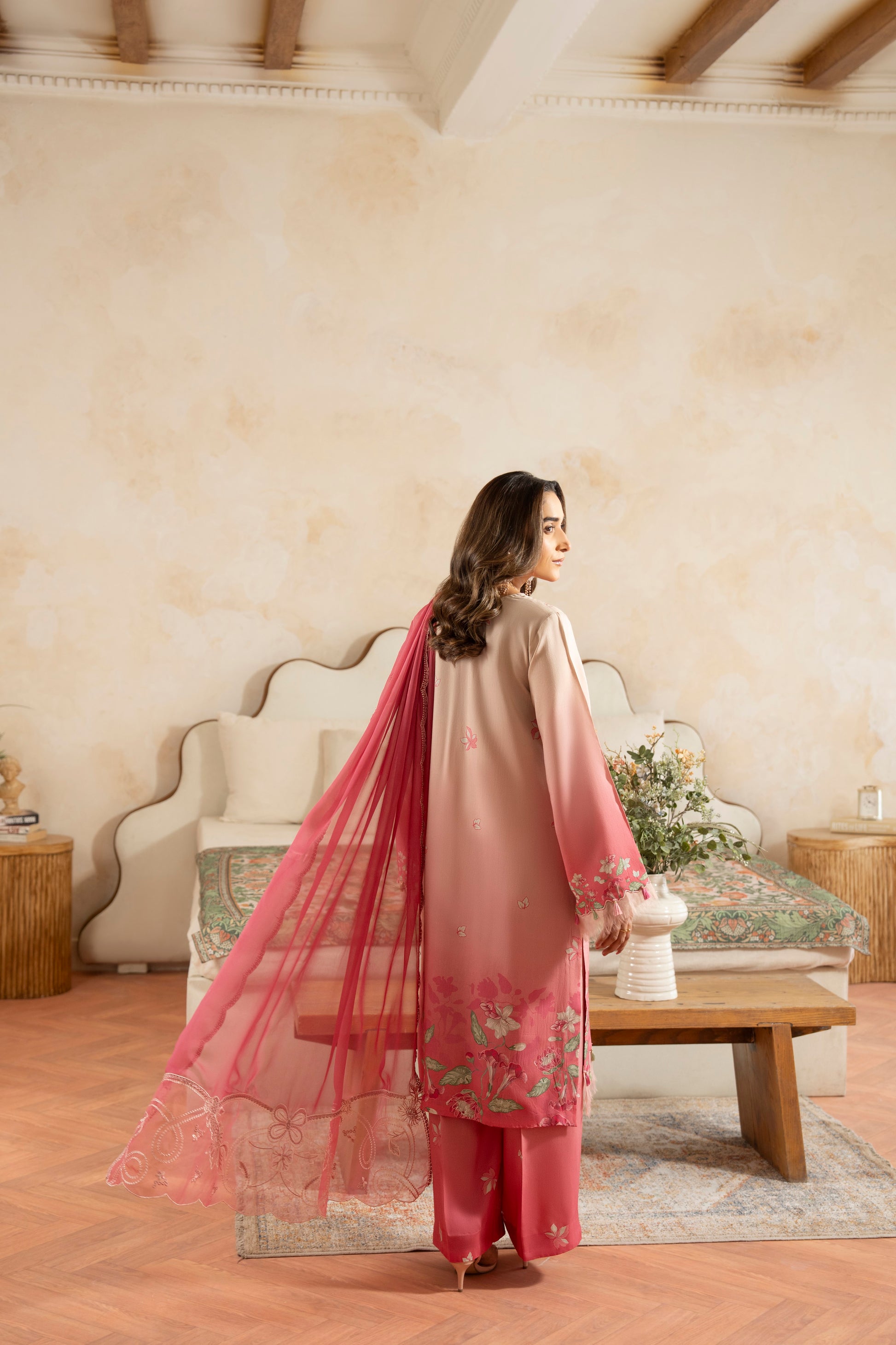 Stylish embroidered viscose shirt with chiffon organza dupatta for winter wear