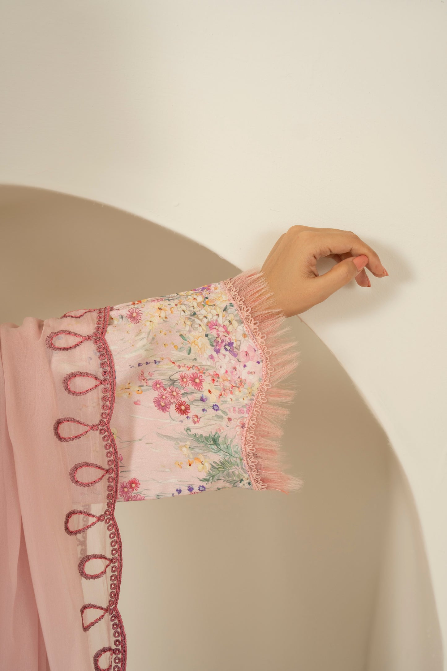 Cozy embroidered viscose outfit with printed trouser and chiffon dupatta