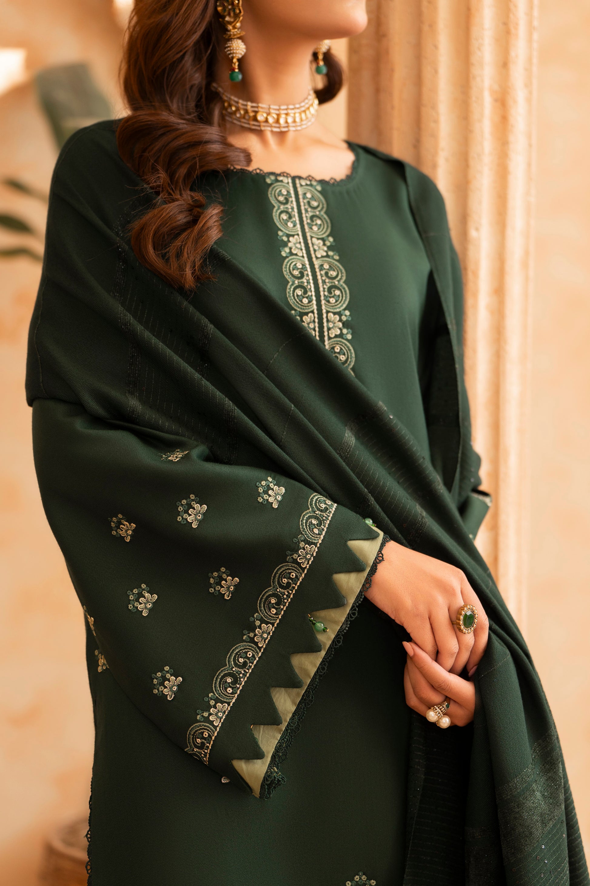 Winter Formal Dhanak Dress; 3-PC embroidered woolen suit, perfect for formal events and high-end winter parties
