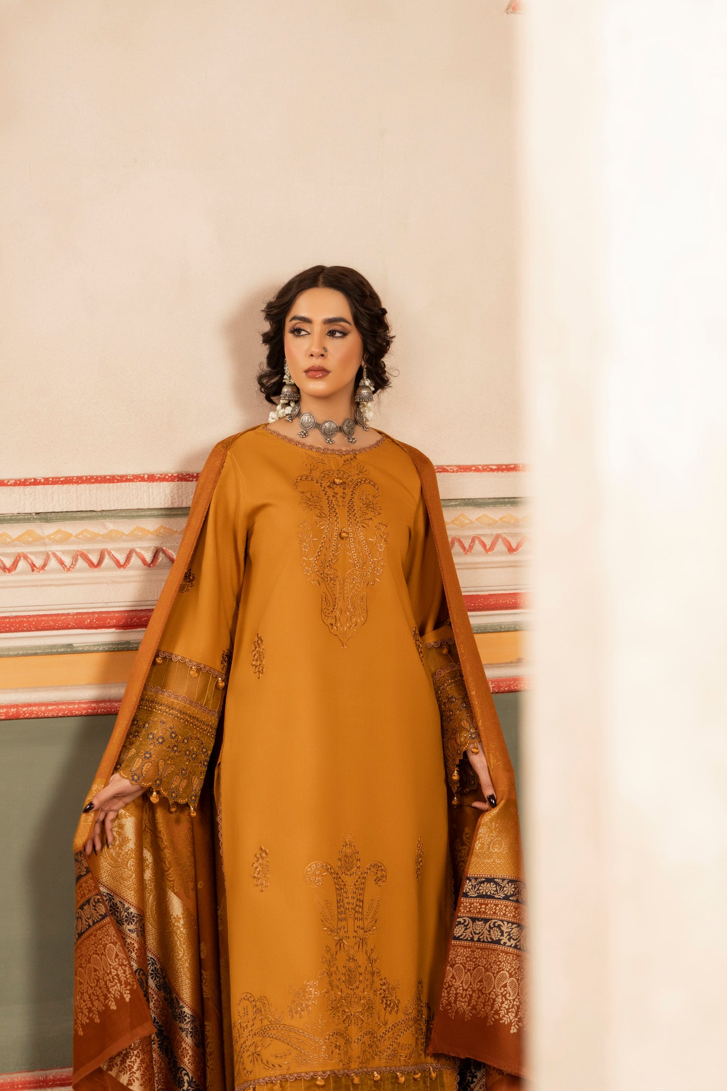 Refined winter ensemble featuring delicate embroidery and a jacquard woolen shawl for formal gatherings.