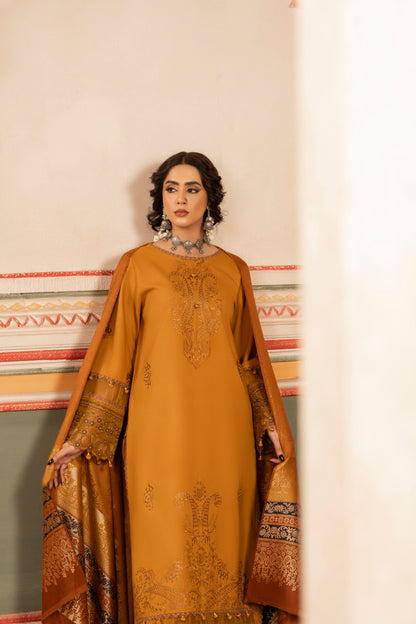 Refined winter ensemble featuring delicate embroidery and a jacquard woolen shawl for formal gatherings.