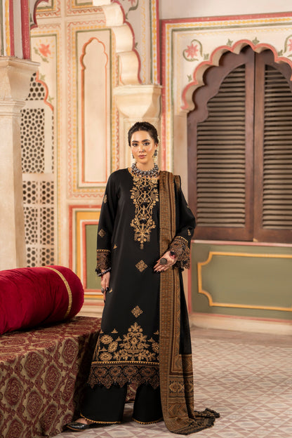 Embroidered Dhanak three-piece suit ideal for wedding guests and winter events.