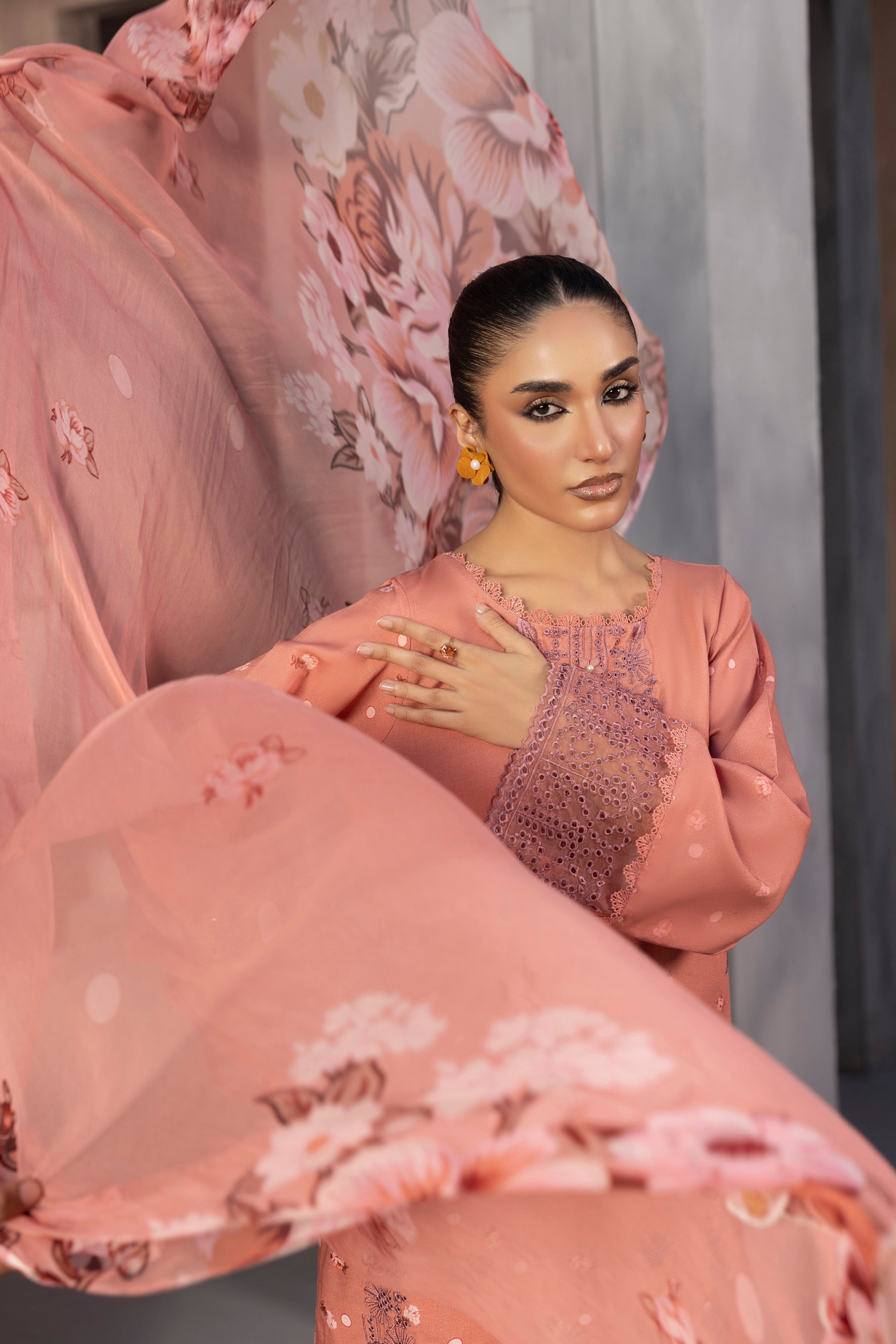 Elegant embroidered Karandi winter outfit with chiffon dupatta