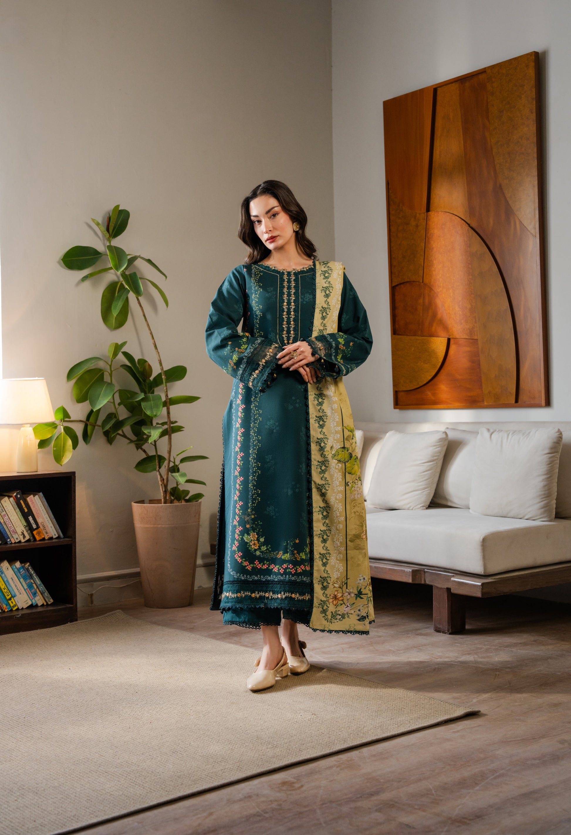 Warm khaddar dress with embroidered organza neckline, printed dupatta, and dyed trouser for everyday winter wear.