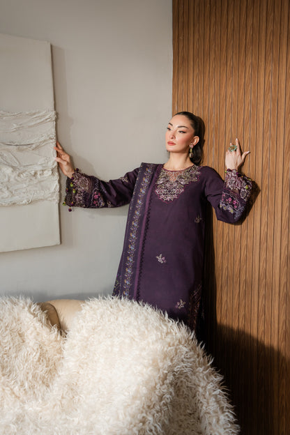 Printed khaddar shirt, embroidered organza accents, and soft dyed trouser.