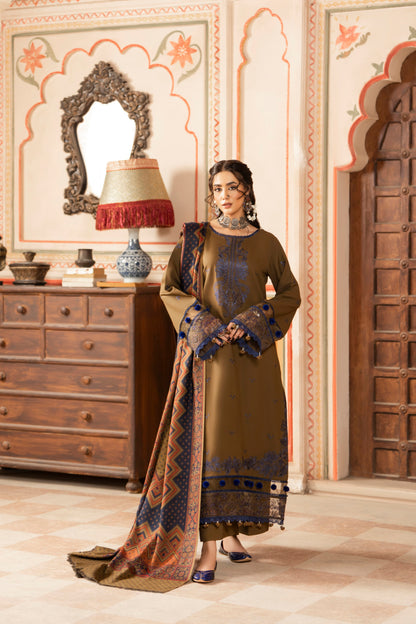 Rich embroidered Dhanak outfit with high-quality jacquard wool shawl.
