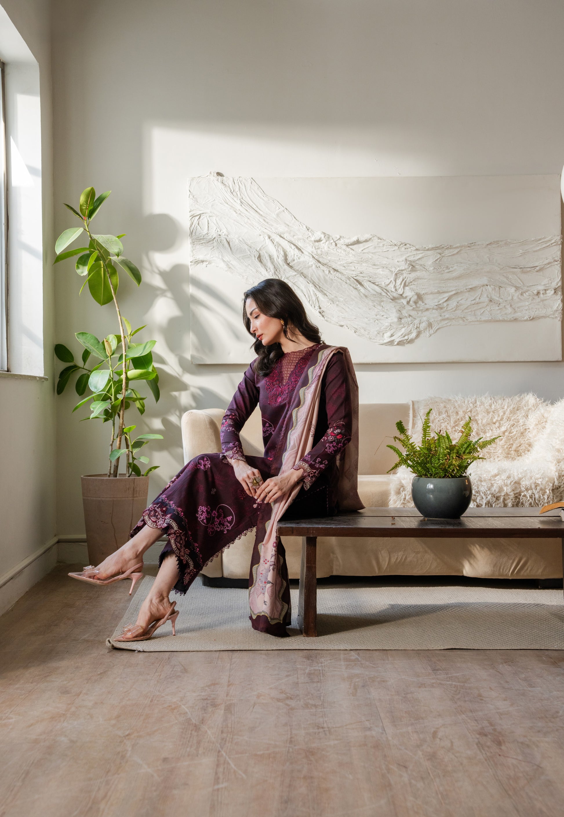 Khaddar winter outfit with printed shirt, embroidered organza borders, and dyed pants.